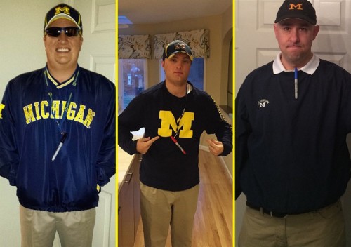 Michigan fans, Erik Larson, Anders Johnson and Rich Aquino sport their 'Harbaugh' attire