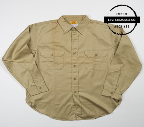 Levi's® Tab Twills yellow label Men's shirt Six-Gun label Cramerton Burlington 6 oz combed twill Sanforized sold by Gayley & Lord khaki color circa 1958.