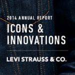 A denim background and white text reading "2014 Annual Report Icons & Innovations Levi Strauss & Co."