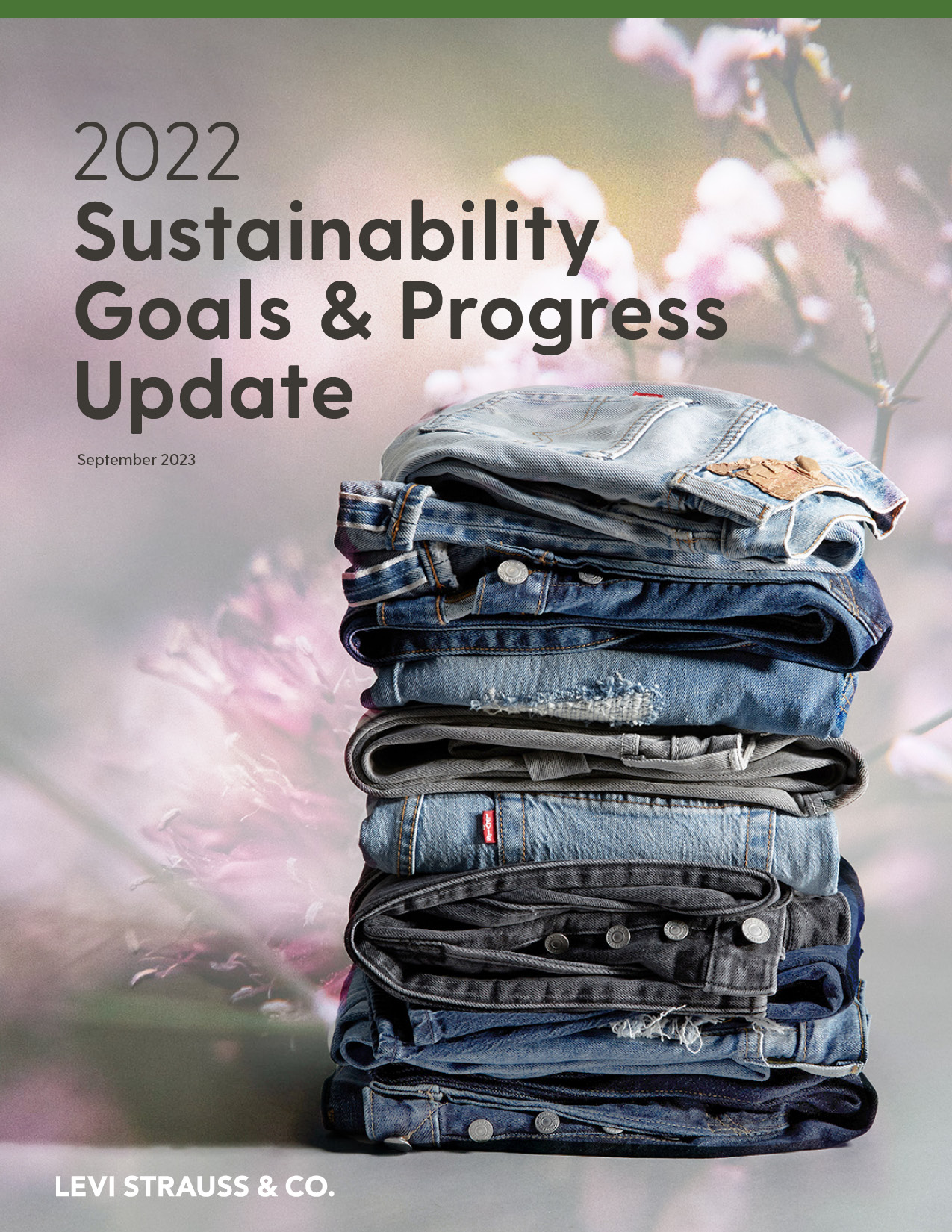 The cover of the 2022 LS&Co. Sustainability Report. A stacked pile of folded Levi's® jeans in front of a faded floral background with the text 