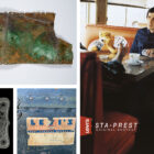 A collage of items in the LS&Co. Archives, including a belt buckle, a copper plate, a steamer trunk, and an image of an ad featuring "Flat Eric."