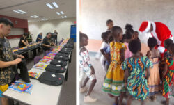 Left: LS&Co. employees prepare backpacks with school supplies for our Henderson back to school project. Right: Students from Pride Rock School Zambia receiving gifts (Levi's® donated backpacks) by Santa.