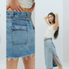 Four photos of a person posing with a white tank top and various Levi's® denim skirts.