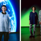 Images from the Levi's® x Gundam collaboration. Left: a person stands in front of a blue toned planet background wearing the light gray Rugby with a cotton twill black collar, an oversized Strike Gundam print and a jacquard jock tag. The right image shows two people, the first wears the dark blue Long Sleeve Tee which features a mix of reflective and non-reflective print on the left chest and right sleeve. The person on the right wears the Relaxed Trucker, made from indigo denim with a light stonewash finish and featuring patterned prints of the Strike Gundam, a blue jacron backpatch and a cobranded patch. They are both wearing the Levi’s® x Gundam SEED ’93 501® jeans with the same pattern.