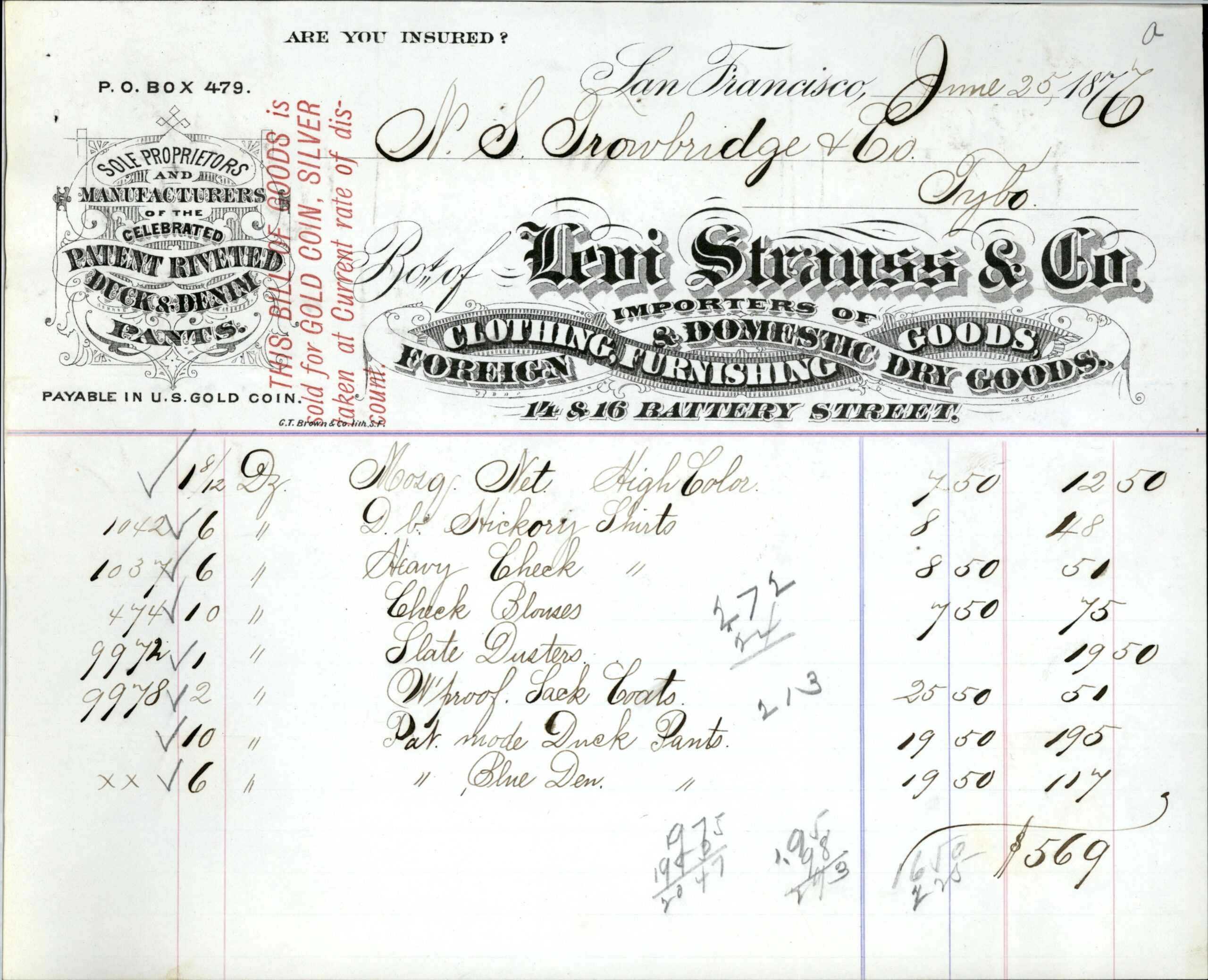 LS&Co. invoice from late 1800s featuring lithographic logo designed by Grafton Tyler Brown