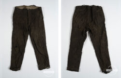 Left: a photo of distressed brown Levi's® trousers found by Rose DeBruin on a denim hunting pick. Right: the back of the pants.