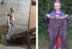 Left: Rose DeBruin stands in front of a concrete wall and looks up towards the right. She is wearing a grey headband, distressed T-shirt, grey cargo pants and hiking boots. Right: Rose DeBruin smiles and holds up a pair of brown Levi's® trousers that she found on a denim hunting pick.