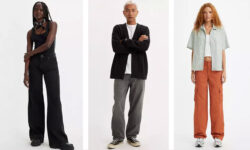 Three models pose in new Levi's® styles featuring loose and wide pants. 