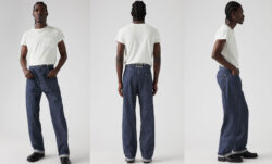 Three images of a person posing in a white T-shirt and dark wash Levi's® denim jeans. From left to right: facing the camera, facing away from the camera, facing the right.