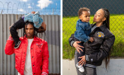 Left: a person looks at the camera wearing a red satin jacket from the Levi's® x Starter collaboration featuring a Chicago Bulls logo on the right chest, over a white T-shirt. They carry a child wearing black pants and a denim jacket whose back is draped over the person's head. Right: A person wearing a black satin Levi's® x Starter jacket featuring a New York Knicks logo looks at a child in their arms, who is wearing black pants and a denim jacket.