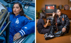 Left: a person with long dark hair sits at the wheel of a convertible car and looks at the camera. They wear a blue satin jacket from the Levi's® x Starter collaboration featuring a white LA Dodgers logo on the right chest and white elastic striped cuff. Right: A child wearing all black sits on the floor and looks away from the camera. A person with long braids looks at the camera smiling. They wear all black and a black satin jacket from the Levi's® x Starter collaboration featuring an orange SF Giants logo on the chest and white elastic striped cuffs on the sleeves. They both sit on an orange carpeted floor and there is a TV behind them. 
