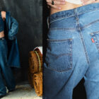Left: a person wears a denim vest with matching denim jacket and denim jeans. Right: a close up of the back pockets on a person's Levi's® jeans.