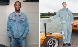 Left: a person with their hands in their pockets leans against a wall and wears a denim Levi's® x McLaren Racing jacket and Levi's® jeans. Right: a person leans on an orange sports car and wears a Levi's® x McLaren Racing blue racing suit.