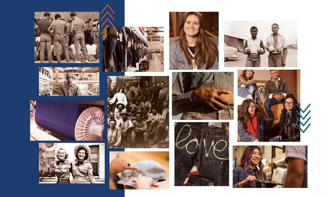 A collage of images from LS&Co. history, including employee portraits, product close-ups and historical images.