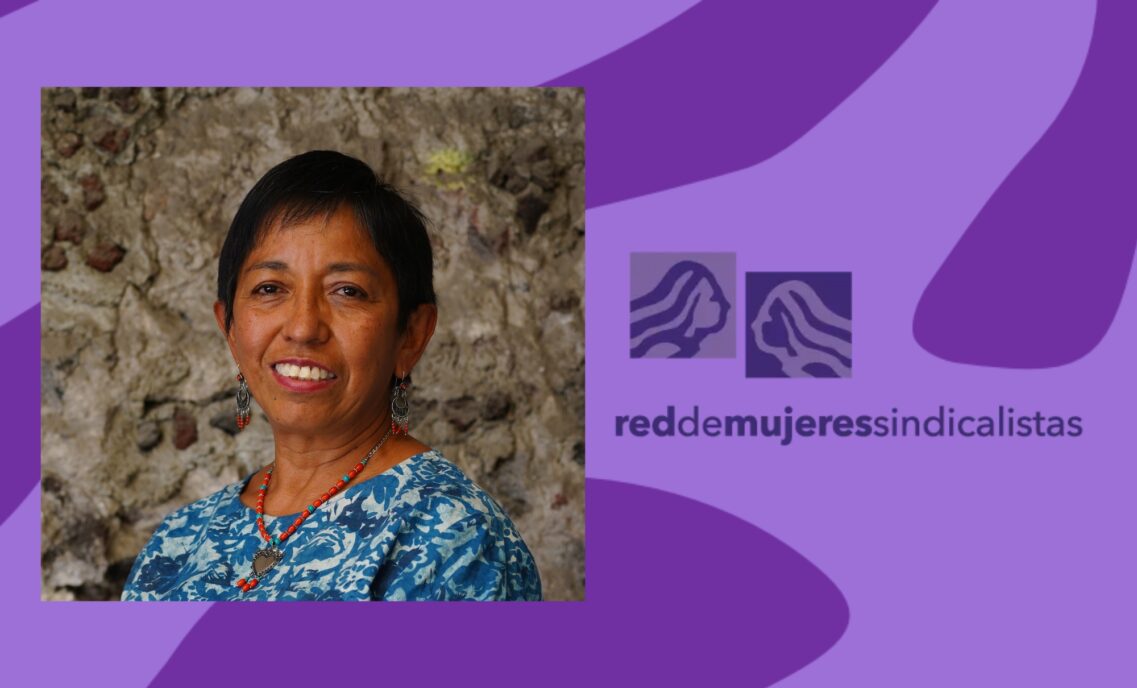 Headshot of Norma Malagón of Red de Mujeres Sindicalistas (RMS) on a purple graphic featuring the RMS logo