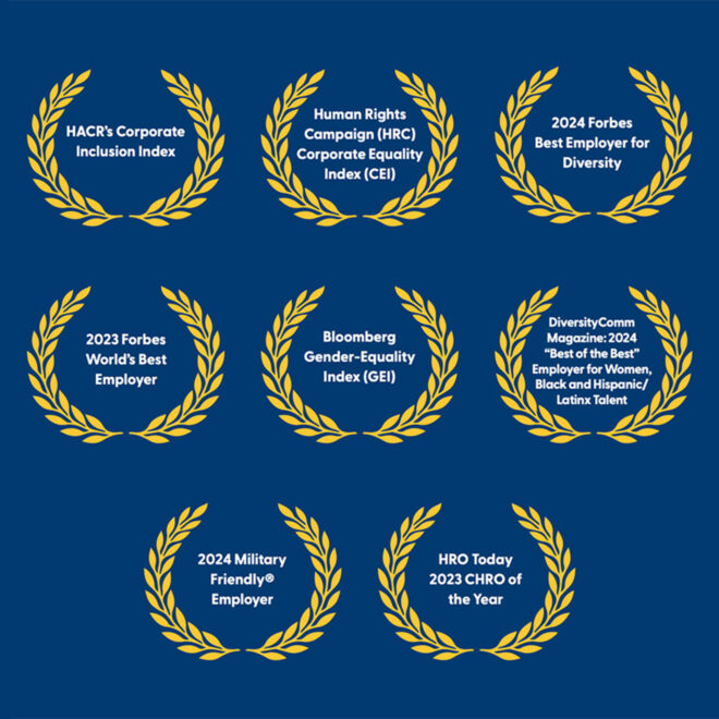 8 awards logos written in white text with a yellow feather graphic border. The awards listed are: 