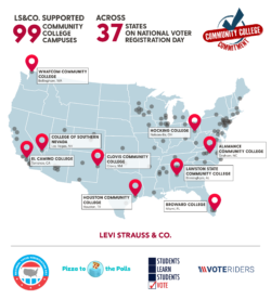 A graphic featuring a map of the United States with nine red pins and various grey dots spread across the map. A title at the top of the map reads "LS&Co. supported 99 community college campuses across 37 states on National Voter Registration Day." The Community College Commitment logo is in the top right corner. The Levi Strauss & Co. logo is at the bottom of the map, along with the logos of National Voter Registration Day, Pizza to the Polls, Students Learn Students Vote, and VoteRiders.