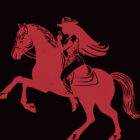 silhouette of a cowgirl with long hair wearing a cowboy hat and riding a horse