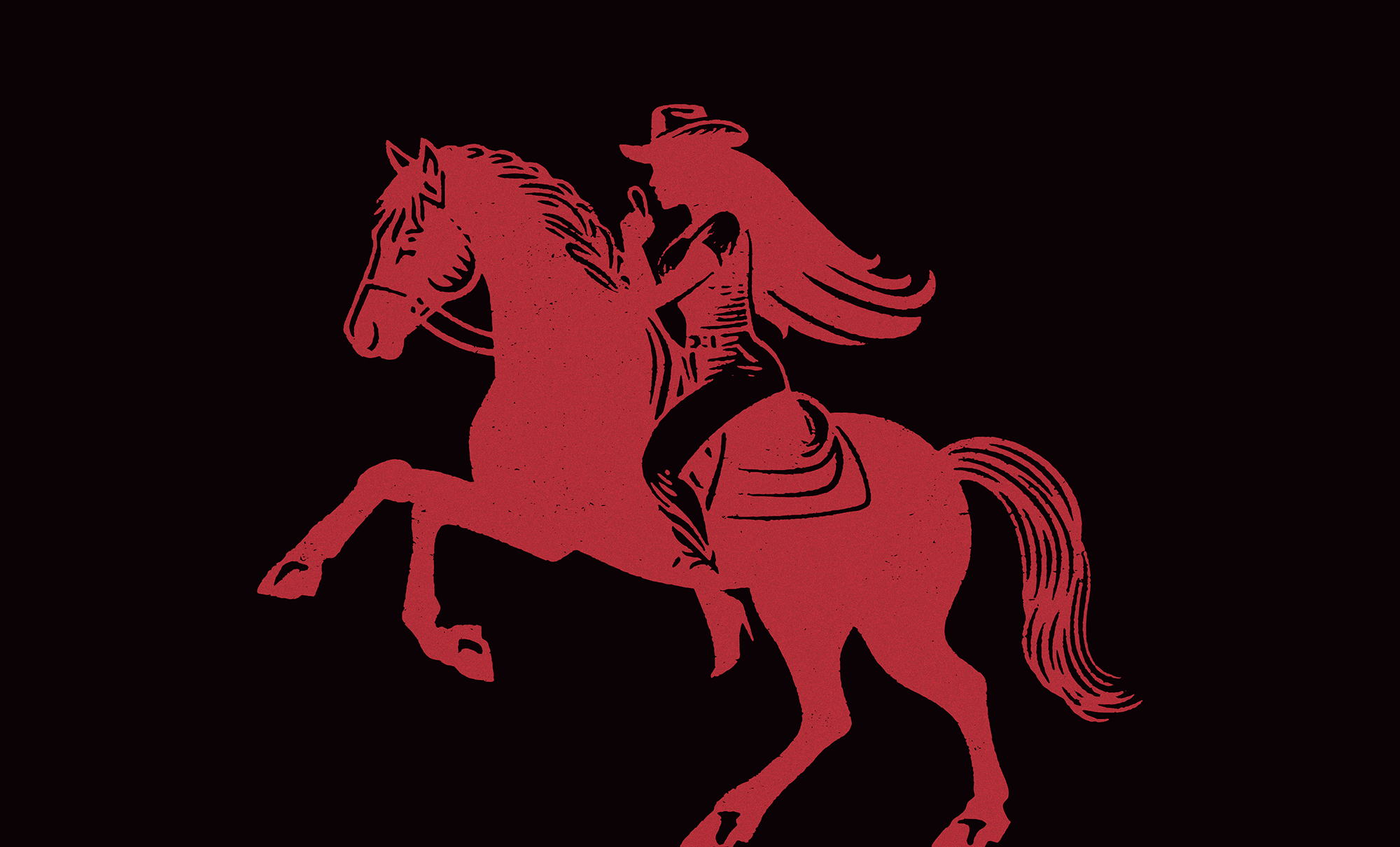 silhouette of a cowgirl with long hair wearing a cowboy hat and riding a horse