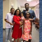 LS&Co. VP of U.S. Retail, U.S. Canada Operations and Real Estate Andre Graham poses with wife and three children. Photo is laid on top of a denim texture background.