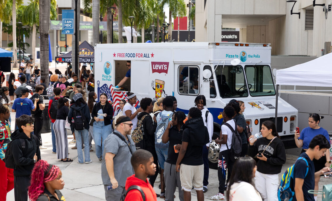 A Levi's® branded Pizza to the Polls truck gives away free pizza to community college students as they register to vote.