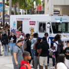 A Levi's® branded Pizza to the Polls truck gives away free pizza to community college students as they register to vote.