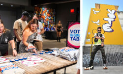 Left: two community college students browse a table with Vote T-shrits, Levi's® patches and other voting-related merch. Right: artist Corie Mattie stands in front of her mural, a yellow wall reading "VOTE" in large letters.