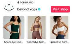 A screenshot of Beyond Yoga® TikTok shop page. A header with the TikTok logo reads "Top Brand" followed by the Beyond Yoga® logo, "Beyond Yoga" written in black text and a red button that reads "visit shop." Below, three clickable thumbnails of different Beyond Yoga® marketing images with the names of associated products.