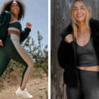 left: Beyond Yoga® marketing image shows person with curly black hair mid-run wearing a matching green and beige Beyond Yoga® set with green jacket. Right: Beyond Yoga® marketing photo images shows person with long blonde hair laughing wearing a black Beyond Yoga® faux fur jacket and matching grey Beyond Yoga® top and leggings.