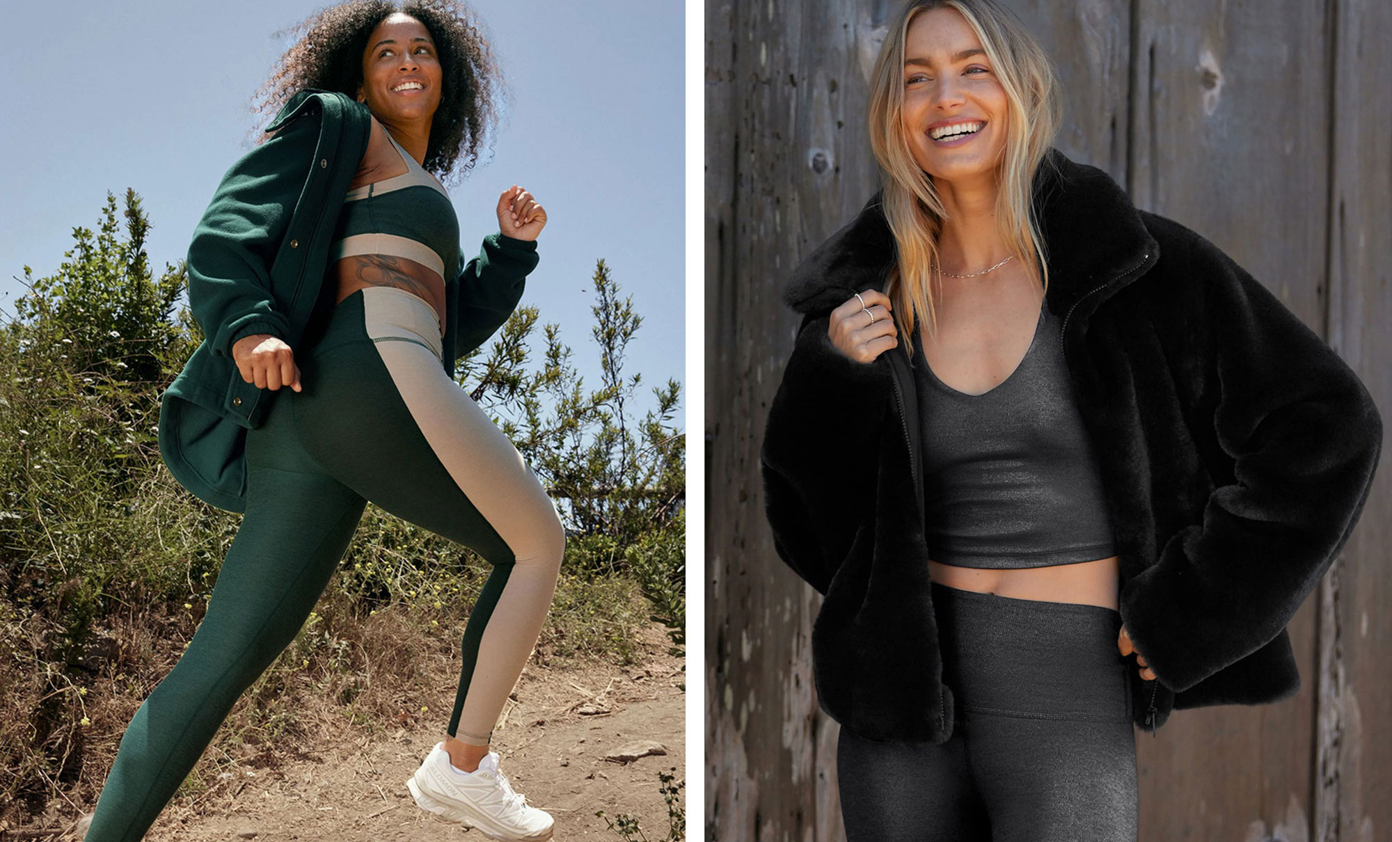 left: Beyond Yoga® marketing image shows person with curly black hair mid-run wearing a matching green and beige Beyond Yoga® set with green jacket. Right: Beyond Yoga® marketing photo images shows person with long blonde hair laughing wearing a black Beyond Yoga® faux fur jacket and matching grey Beyond Yoga® top and leggings.