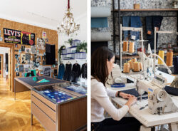 Two photos of the interior of the Levi's® Haus of Strauss Paris. Left: a denim customization station sits in front of a wall covered in Levi's®-related posters and memorabilia. Right: a person works on a sewing machine at a LOT 1 tailoring station.