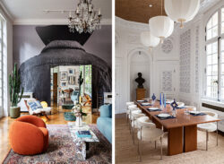 two photos of the interior of the Levi's® Haus of Strauss Paris. Left: a living space featuring a back wall covered by a black and white print of the back of a Levi's® sherpa Trucker jacket; an orange plush chair; a marble coffee table featuring coffee table books and a floral arrangement; a colorful Moroccan carpet; a potted green cactus in the back left corner; a hanging crystal chandelier; and a mirror on the back wall reflecting artwork from the back wall. Right: a dining space featuring a wooden dining table set with eight place settings on blue tablecloths; blue taper candles; eight white plush dining chairs; three hanging white lantern lights; an alcoved wall featuring a black bust statue; and white walls with blue patterned wallpaper detailing.