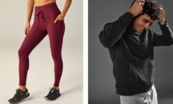 Left: a Beyond Yoga® product image shows a pair of legs wearing Go Pocket Leggings in a bordeaux shade. Right: a Beyond Yoga® product image shows a person pulling up the hood of a black Every Body Hoodie.