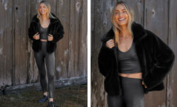 Two side by side images of the same person modeling a Beyond Yoga® faux fur jacket in black, layered over a pair of Heather Rib Shine Leggings and matching Cropped Tank