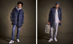 Left: a person models a Dockers® puffer jacket and Go Pants. Right: a person models a Dockers® beanie, scarf, jacket and pants while carrying a suitcase