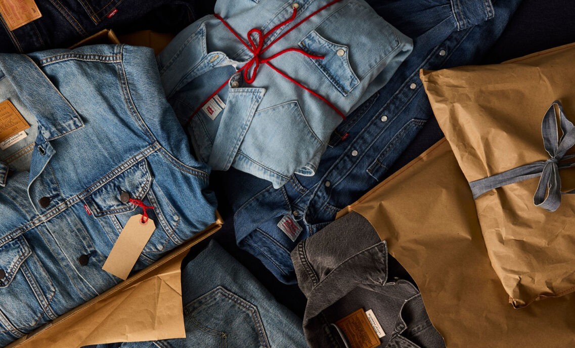 Levi's® jackets and western shirts folded and tied up as gift packages with red string