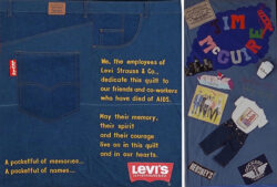 Two images of the LS&Co. AIDS Memorial Quilt panel. Left: a denim fabric overlaid with the words: "We, the employees of Levi Strauss & Co. dedicate this quilt to our friends and co-workers who have died of AIDS. May their memory, their spirit and their courage live on in this quilt and in our hearts. A pocketful of memories... a pocketful of names..." Right: Levi's® imagery and mementos overlaid on a section of the LS&Co. AIDS Memorial Quilt panel, including the name Jim McCuire, Jaime, a Hershey's logo, a Dockers® logo, and a Levi's® two-horse pull patch.