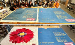 Top: LS&Co. employees pose next to a table featuring their recreation of the LS&Co. AIDS Memorial Quilt panel. Bottom: Two sections of the LS&Co. AIDS Memorial Quilt panel, including a quilted flower made of red fabric and a large quilted denim pocket.