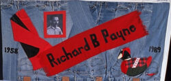 A close up section of the LS&Co. AIDS Memorial Quilt panel, featuring a black and white portrait and the name Richard B Payne written on a red scarf.