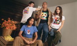 Four people model colorful graphic T-shirts from the Levi's® Día de los Muertos collection with designs by Mexican illustrator and designer Alejandra Ballesteros.