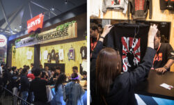 Left: a Levi's® merch booth at a Diljit Dosanjh concert featuring a Levi's® exclusive merch collection. Right: A person holds up a black T-shirt from the Diljit Dosanjh x Levi's® merch collection, featuring an image of the artist and his name in red and white graphic text. 