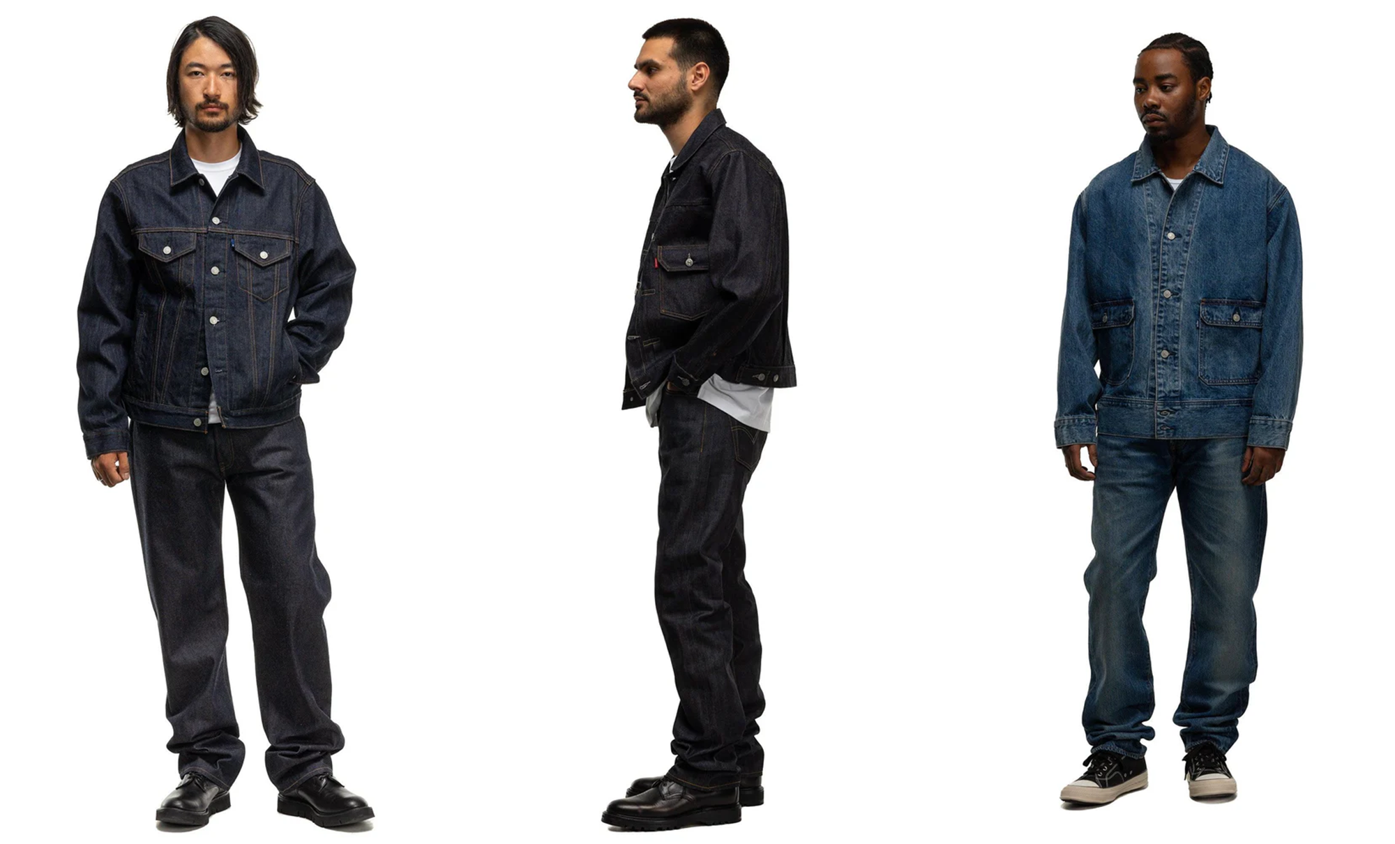 Three models model head-to-toe Levi's® denim outfits.