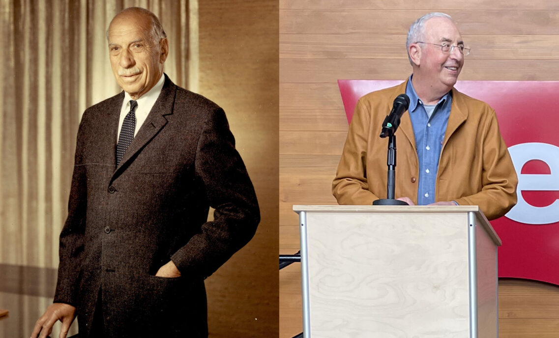 Portrait of LS&Co.'s first vice president, Daniel Koshland (left), former LS&Co. CEO Robert "Bob" Haas speaks at a podium (right)