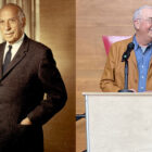 Portrait of LS&Co.'s first vice president, Daniel Koshland (left), former LS&Co. CEO Robert "Bob" Haas speaks at a podium (right)