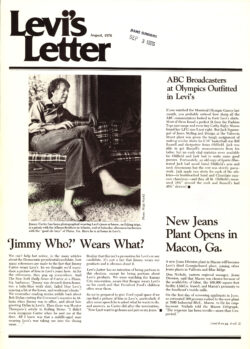 A scan of an August 1976 article in the “Levi’s Letter,” a Levi Strauss & Co. employee newsletter, featuring a black and white image of former President Jimmy Carter sitting on a chair wearing Levi's® jeans. The headline reads "'Jimmy Who?' Wears What?"