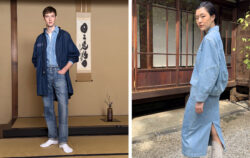 Left: a model wears men's product from the Levi's® Blue Tab collection. Right: a model wears women's products from the Levi's® Blue Tab collection.