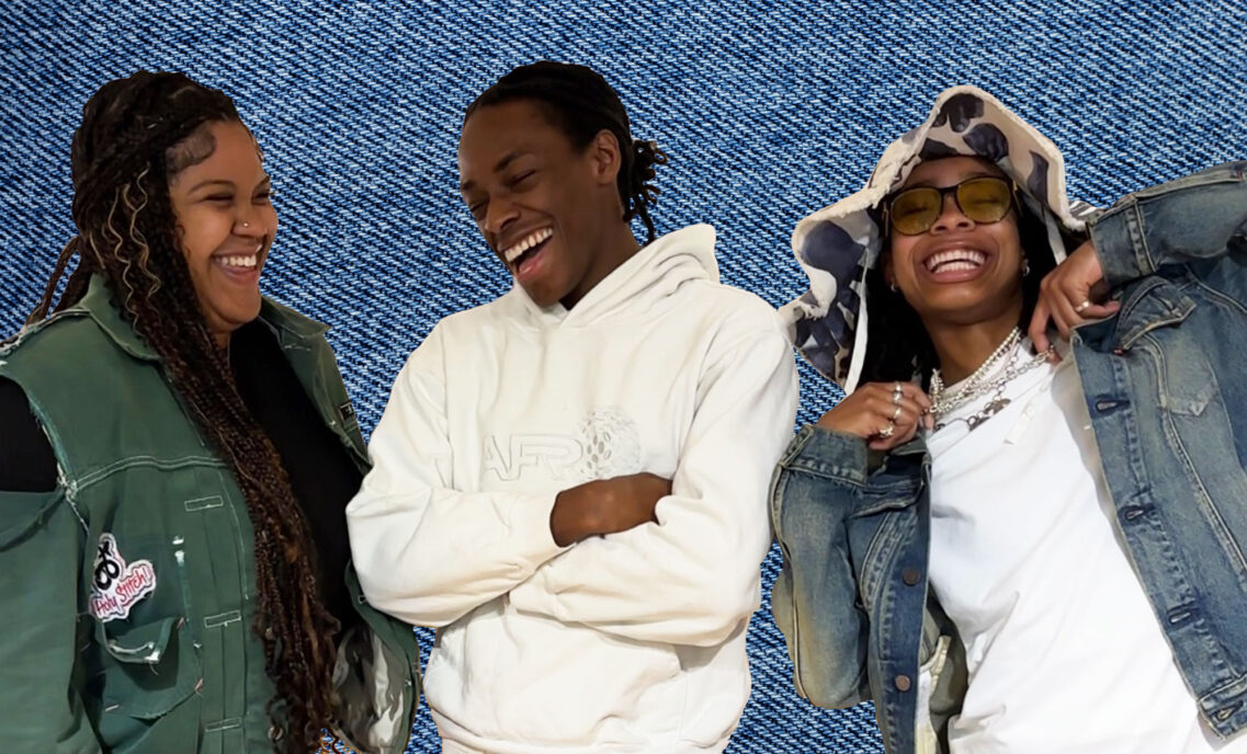 A cut out image of Alexis Pleasant, Antoine Manning and Adore Ellis laughing against a denim texture background