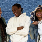 A cut out image of Alexis Pleasant, Antoine Manning and Adore Ellis laughing against a denim texture background