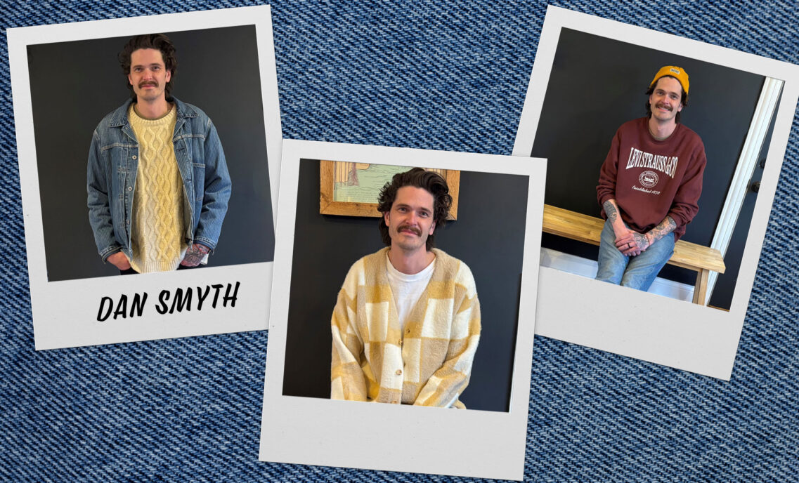 Three photos of Levi's® retail store manager Dan Smyth imposed into Polaroid photo frames over a blue denim background.