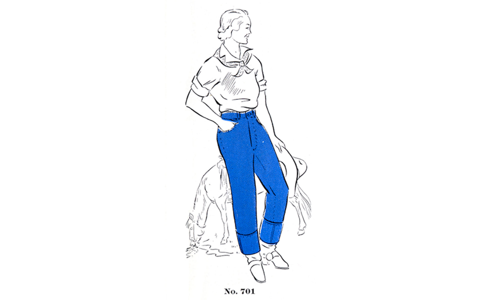 A sketch of a woman wearing blue jeans, promoting Lady Levi's®, the first jeans designed for women.